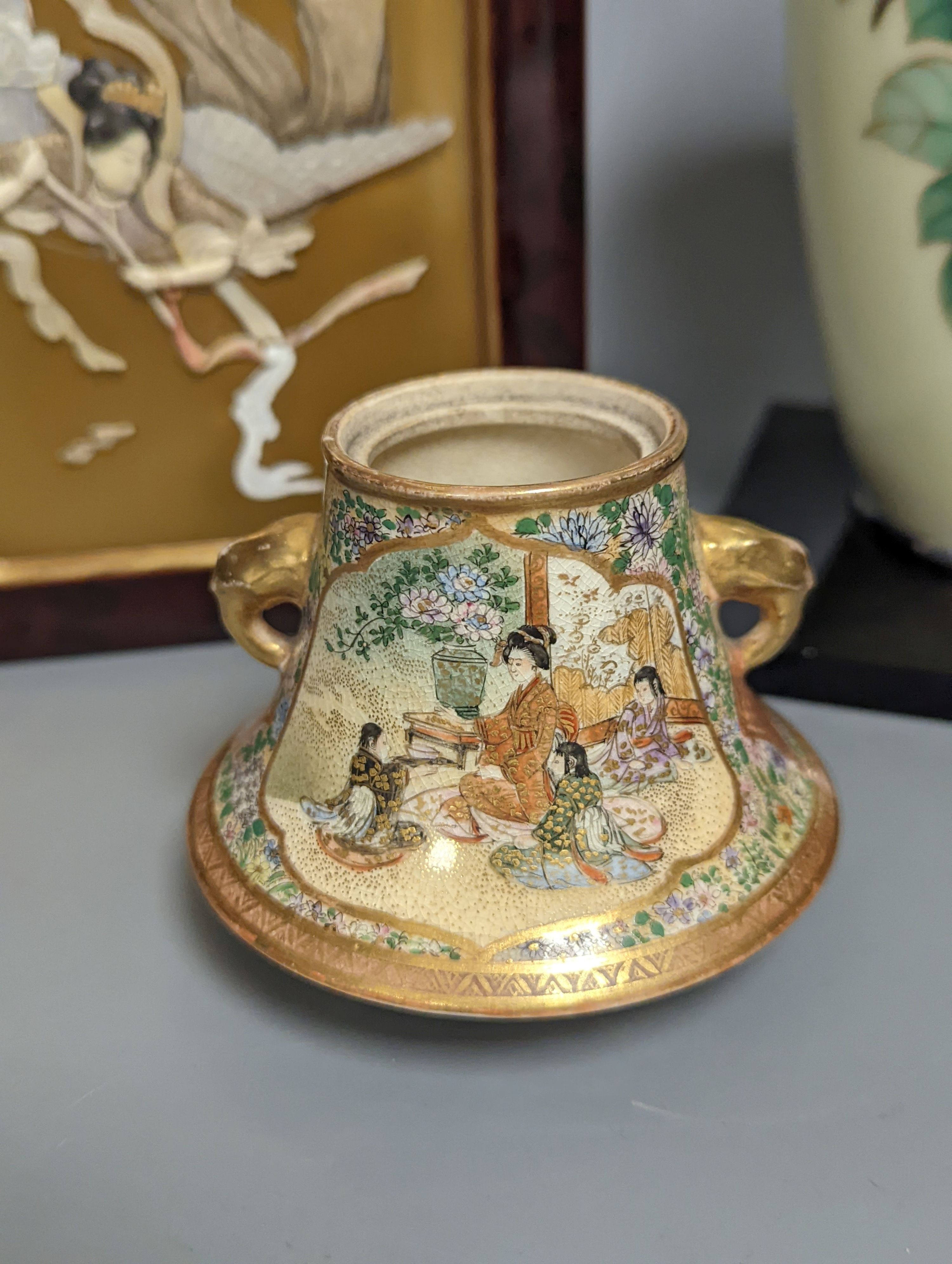 A Japanese cloisonné enamel ovoid vase, by Ando, height 21cm, a small Satsuma pot (lacking cover), and a Japanese lacquered box, the cover inlaid with ivory and mother of pearl